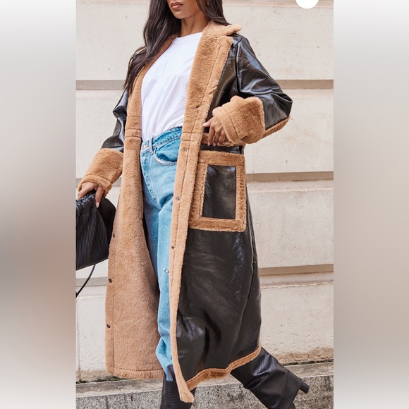 BLACK VINYL MAXI CONTRAST FAUX FUR COAT - Picture 4 of 6